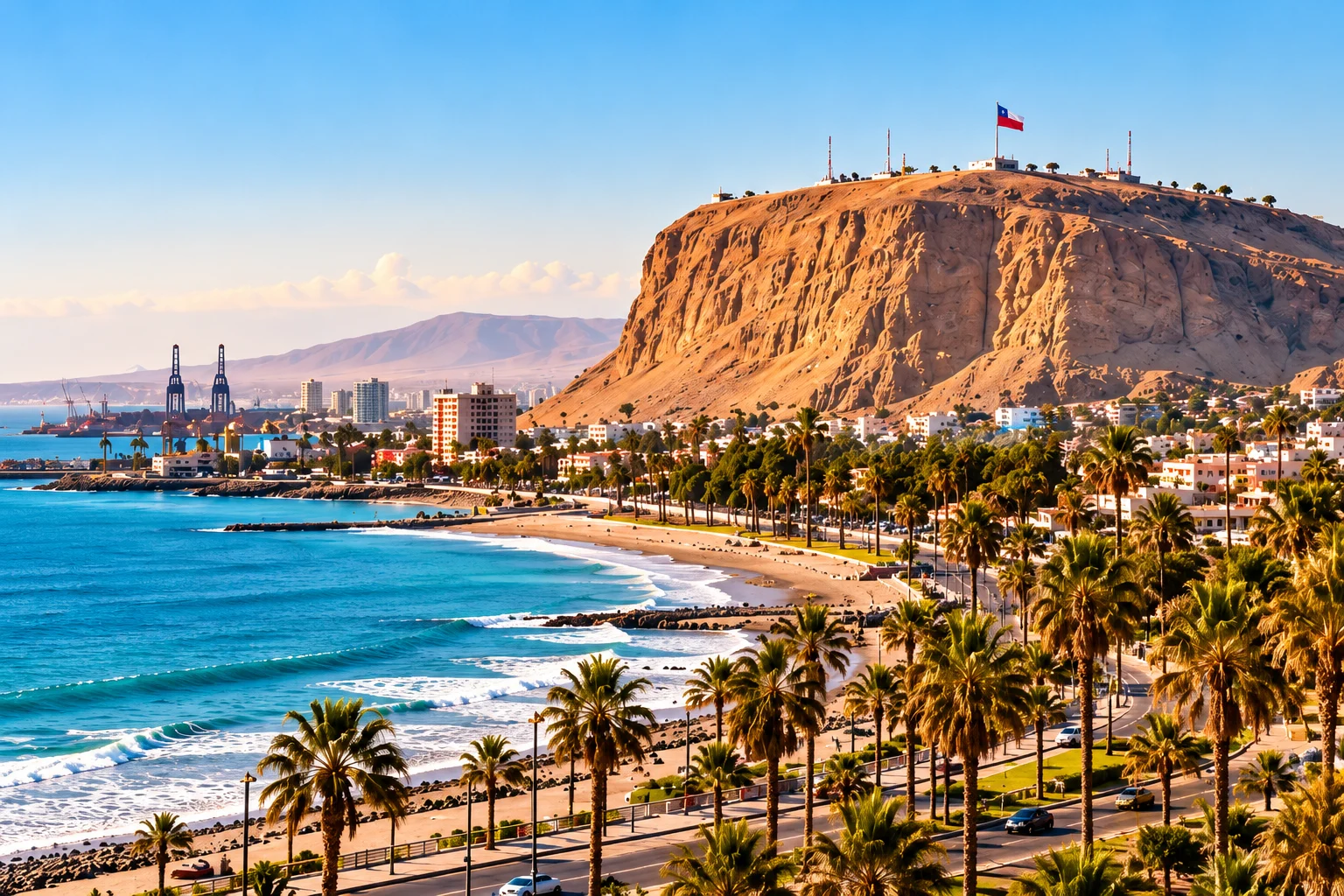 El Morro de Arica con su bandera, la ciudad y la costa del océano Pacífico